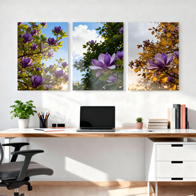 Mauve fleur de magnolia sur toile tendue, reproduction d'art sur toile, ensemble de 3 pour le salon, chambre à coucher, décor à la maison