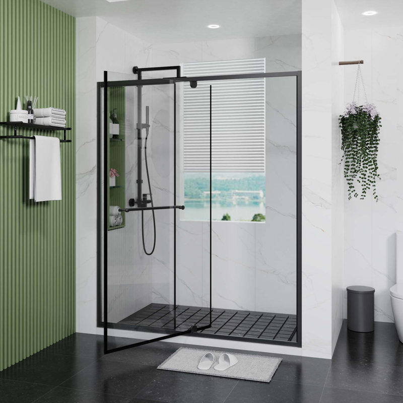 60" x 70" Pivot Shower Door with Stainless Steel Handle, Black