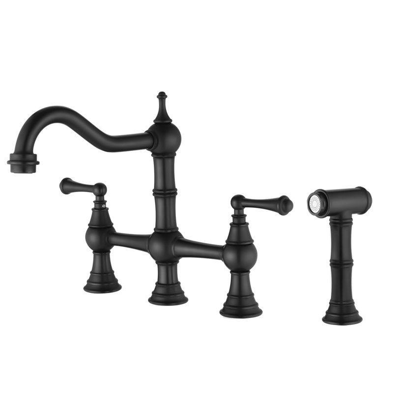 Matte Black Pull-Out Side Spray Kitchen Faucet, Bridge Dual Handles, Brass, Corrosion, Leak-, 360-Degree Rotating Congruent Nozzle Faucet With Handles And Spray, Leak, Circulating