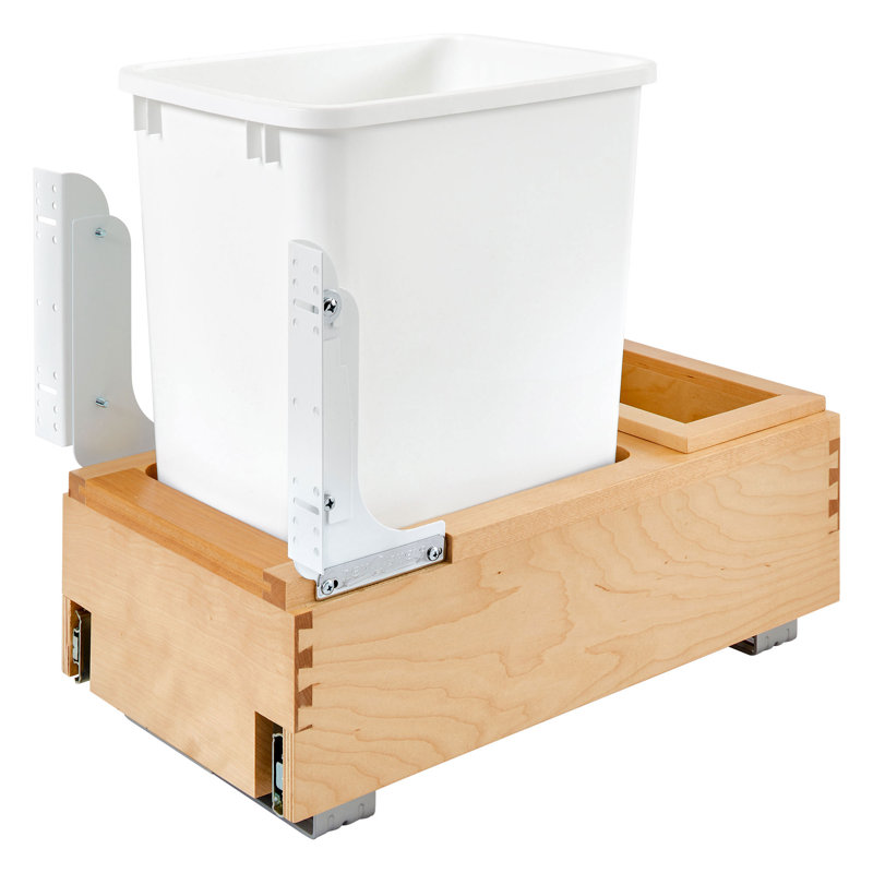 White Plastic Single 35 Qt Pull-Out Trash Bin with Maple Wood Frame