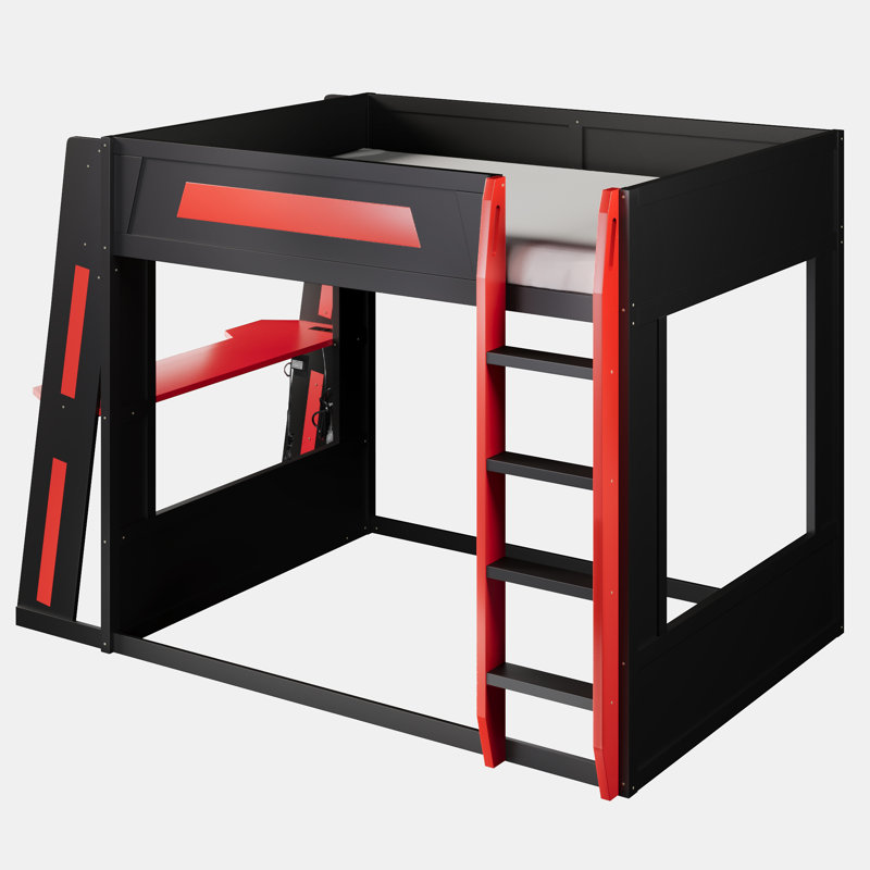 Wooden Gaming Bunk Bed with Desk, Storage Shelves, USB Charging Port and LED Light, Queen, Black/Red