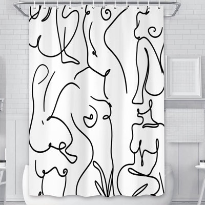 Minimalist Nordic Female Silhouette Shower Curtain, White Abstract Line Art, Modern Boho Retro Bathroom Decor with Hooks