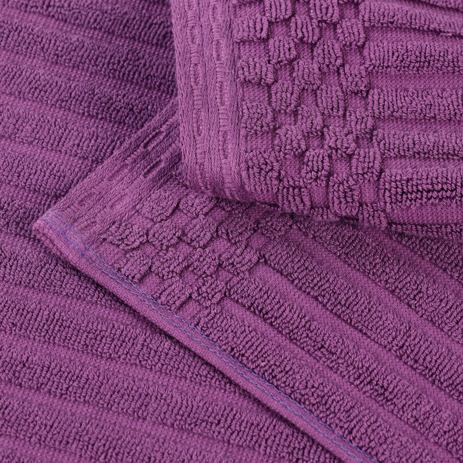 8-Piece Checkered Border Cotton Towel Set, Purple, 3 Piece Towel set (1-bath, 1-hand, 1-face)