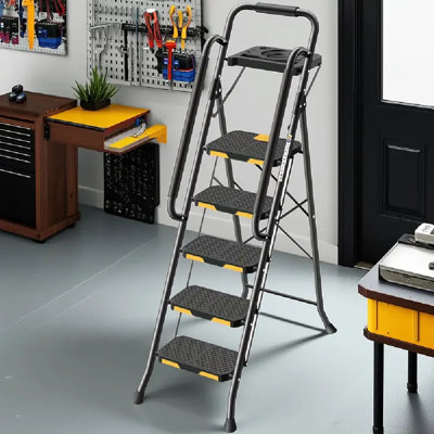 Heavy-Duty 5 Step Folding Ladder | With Handrails & Tool Platform, 800 LBS Capacity, For Home, Outdoor & Garage, Black