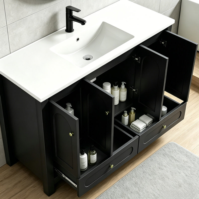 Meuble-lavabo noir 48 po avec lavabo en résine, portes et tiroirs à fermeture en douceur 48 po