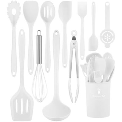 Ensemble d'ustensiles de cuisine blancs - 12 pièces en silicone | Spatules résistantes à la chaleur (jusqu'à 200 °C) compatibles avec le lave-vaisselle | Idéal pour les poêles antiadhésives | Support inclus