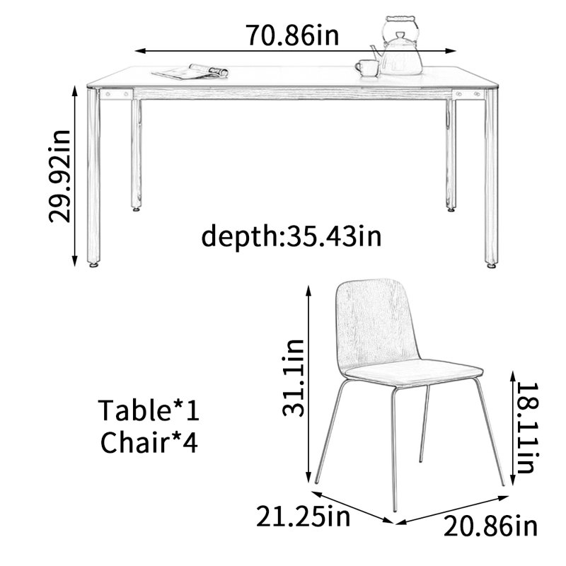 Table de salle à manger Modern, H 29,92 po x L 70,86 po x l 35,43 po