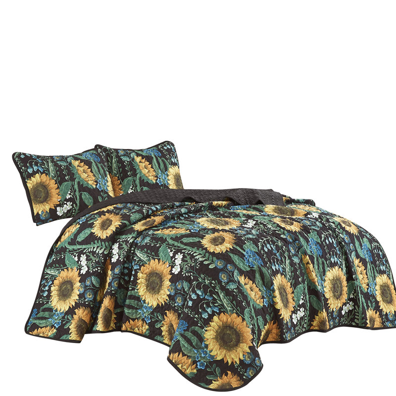 Sunny Floral Black and Yellow Queen Bedspread Set