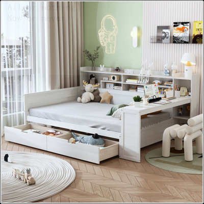 Lit de jour en bois avec tablettes de rangement, tiroirs et bureau d'étude