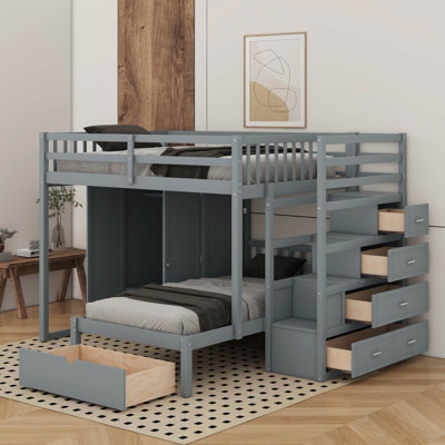 Lit superposé double au-dessus de simple avec garde-robe et tiroirs