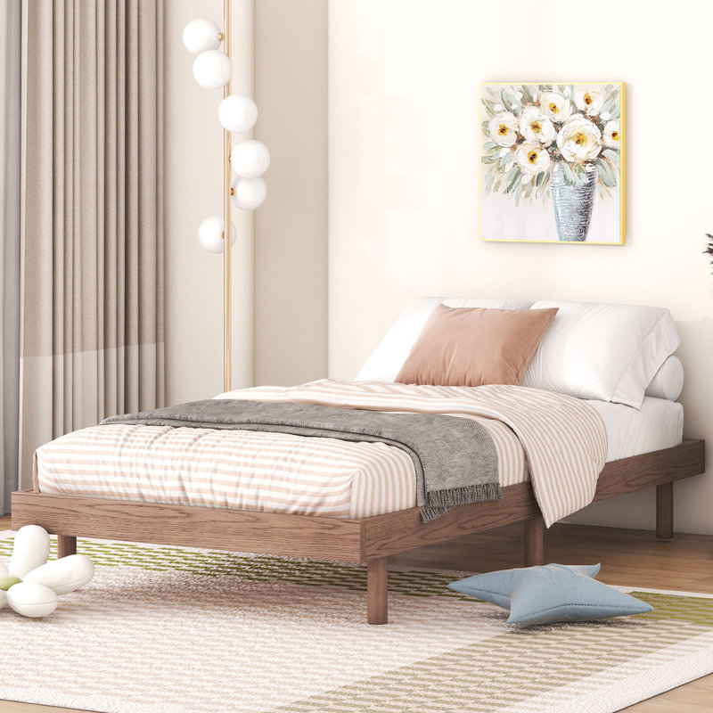 Lit flottant simple de taille simple, noyer - offre un lit moderne d'allure de chambre à coucher unique au design fonctionnel