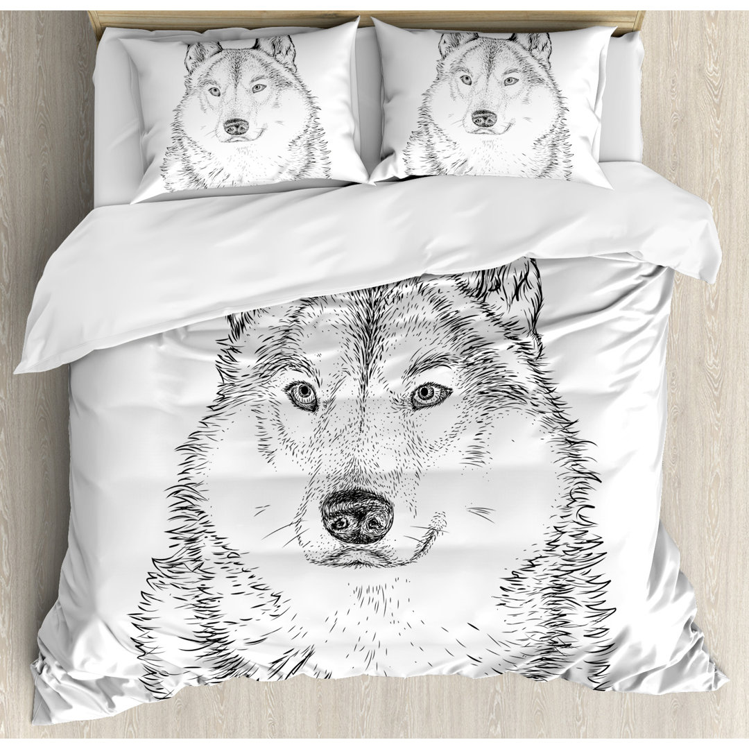 Animal Wildlife Woods Winter Wolf Dog Sketchy Hand Drawn Image Artwork Print Duvet Cover Set Ambesonne 