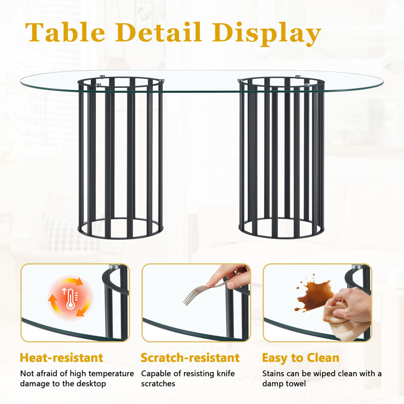 Ensemble de table et de chaises. Table de salle à manger ovale en verre trempé de 71 pouces de style luxueux à deux colonnes. Jumelé avec 6 chaises en polyuréthane artificiel gris chaud avec un design de coussin élargi incurvé.