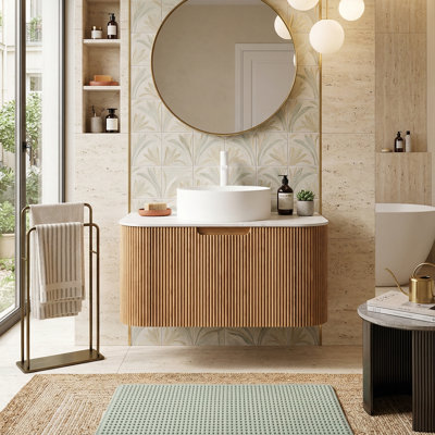 Meuble-lavabo flottant moderne avec coins arrondis sculptés, façade rayée 3D et lavabo vasque (disponible en 24 po, 30 po, 36 po)