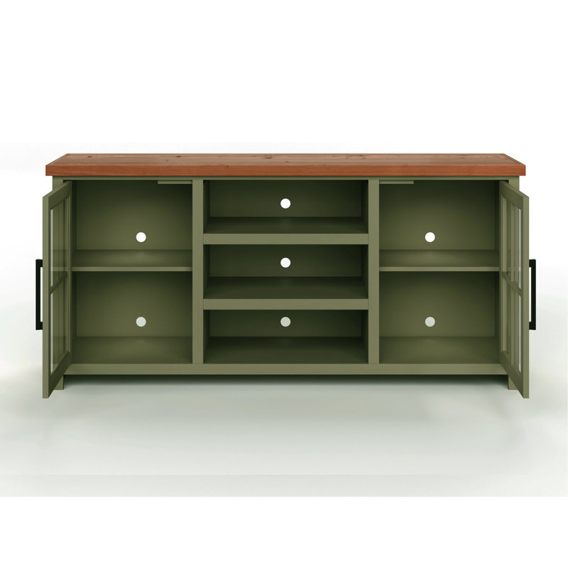 Console de 67 po pour téléviseur, sauge et bois fruitier, pouvant accueillir des téléviseurs de 80 po ou moins, aucun assemblage, deux portes vitrées de 80 po, assemblage requis