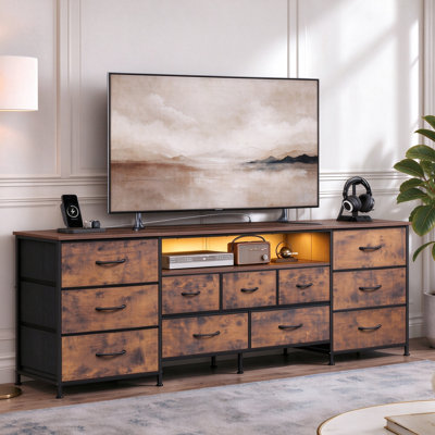 75.5" W Brown Dresser for Bedroom with Power Outlets & LED Lights, 11 Drawer Fabric Dresser with Open Shelves, TV Stand Fits 85" TV, Entertainment Center with Storage