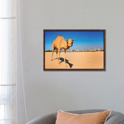 Camel In The Dessert With Dubai Skyline by Susanne Kremer - Floater Frame Gallery-Wrapped Canvas Giclée on Canvas
