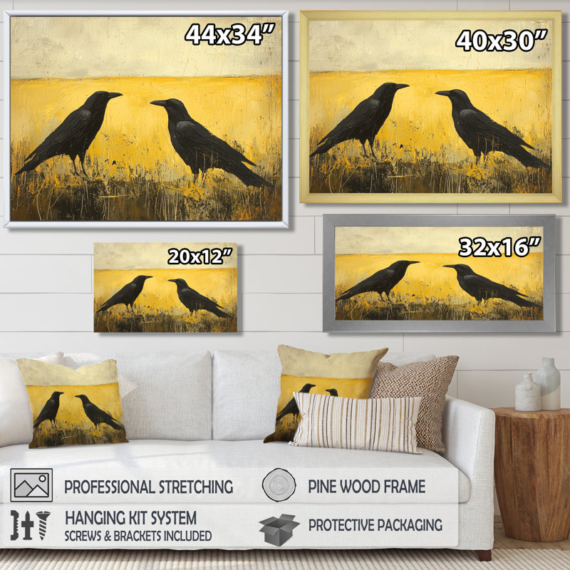 2 corbeaux au bord du champ II - oiseau, art mural, H 30 po x l 40 po, Cadre simple, Noir