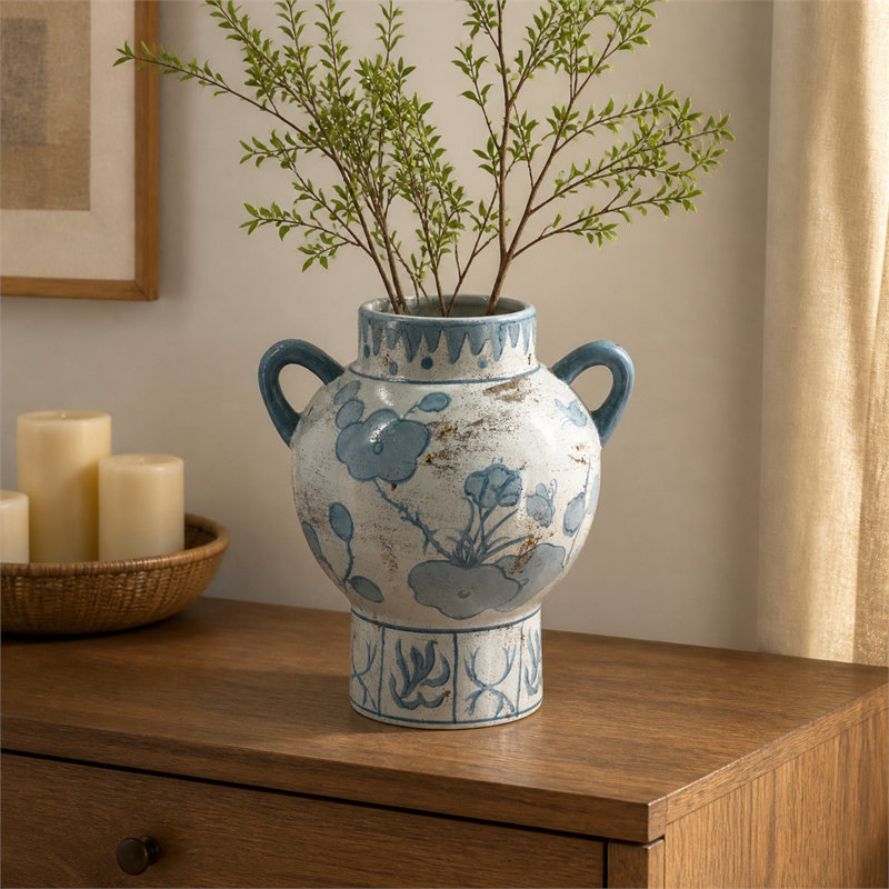 Blue and White Ceramic Vase with Abstract Floral Pattern