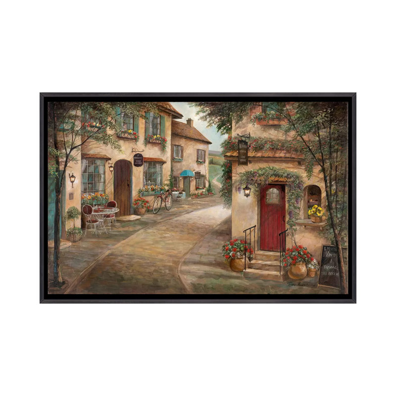 Quaint Café by Ruane Manning - Painting Print, 18" H x 26" W x 1.5" D, Distressed Black Framed Canvas, No Matte