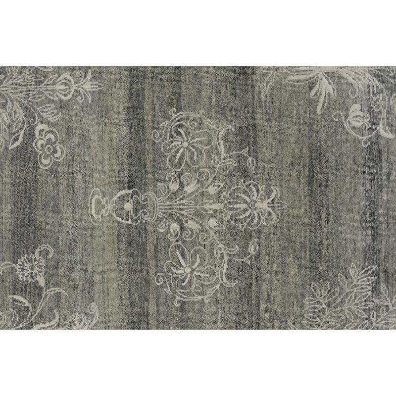 Rug & Kilim’S Block Print Rug With Gray Floral Vases And Vine Border