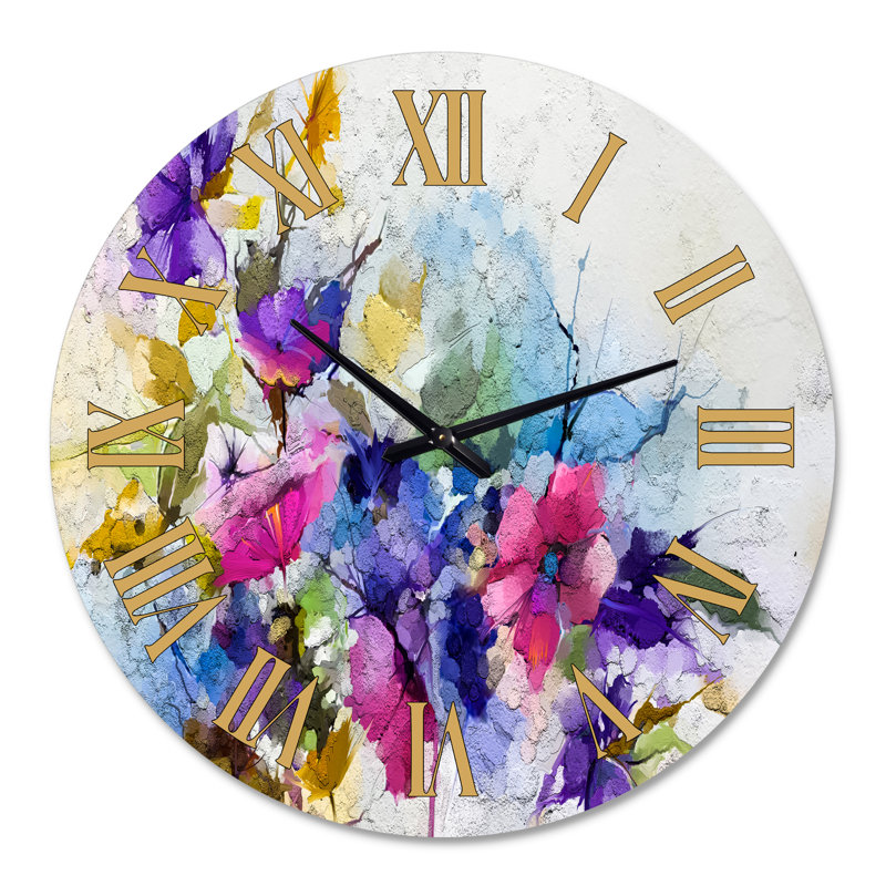 Mauve, jaune, bleu, composition de fleurs abstraites I - horloge murale de ferme, Grand