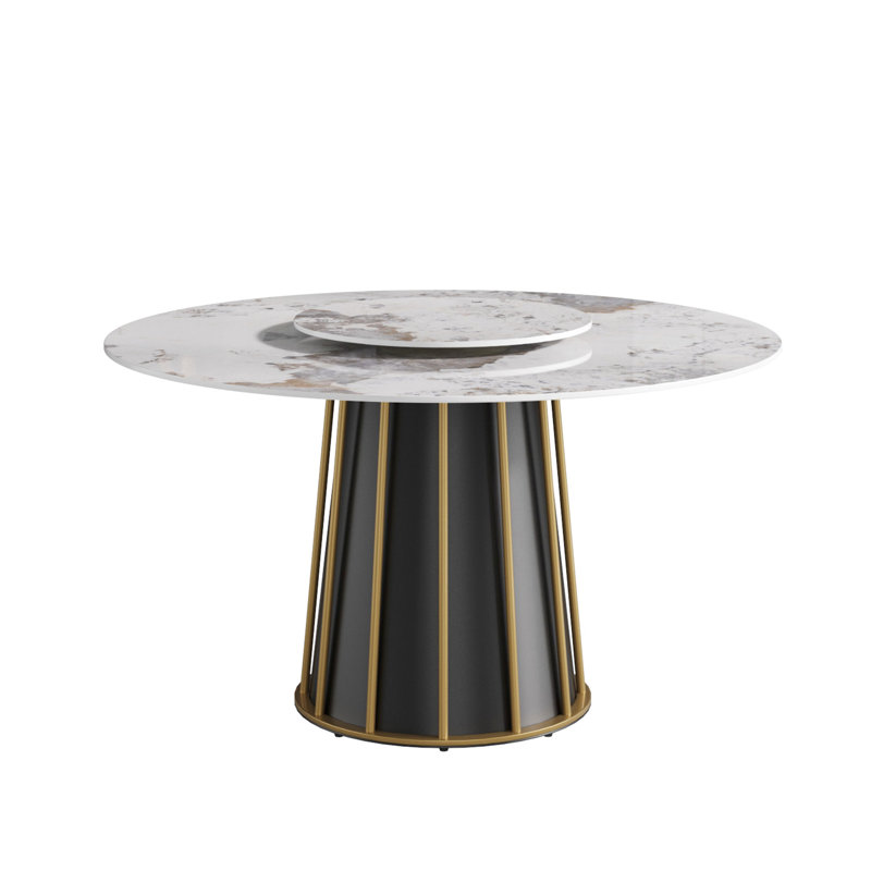 Table de salle à manger en pierre frittée de 30,11 po en blanc - Base en fer et en métal, capacité 6 avec disque rotatif pour 6 54,7 po x 54,7 po