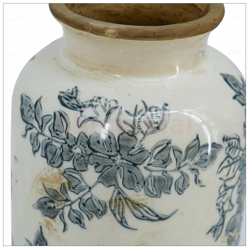 Vintage-Inspired Ceramic Flower Vase with Floral Pattern, Perfect for Farmhouse and Rustic Decor, 5.3x5.3x10.2 Inches