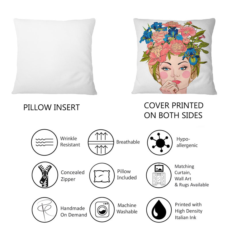 Portrait d'une femme avec une guirlande de fleurs rouges II - Coussin décoratif imprimé moderne