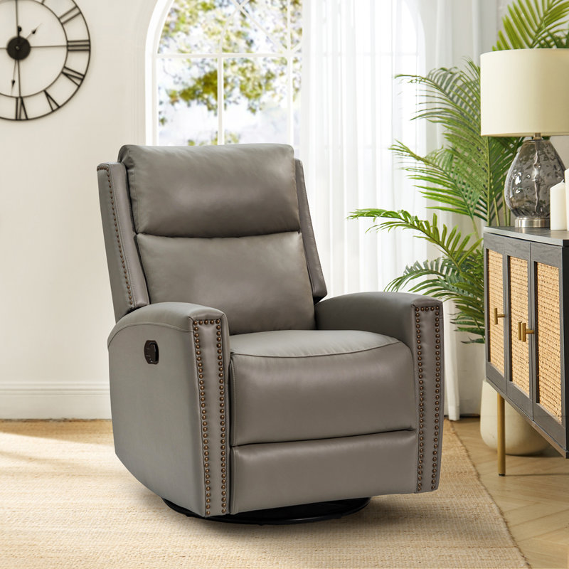 Chikako Genuine Leather Swivel Rocker Manual Recliner, Dove Genuine Leather