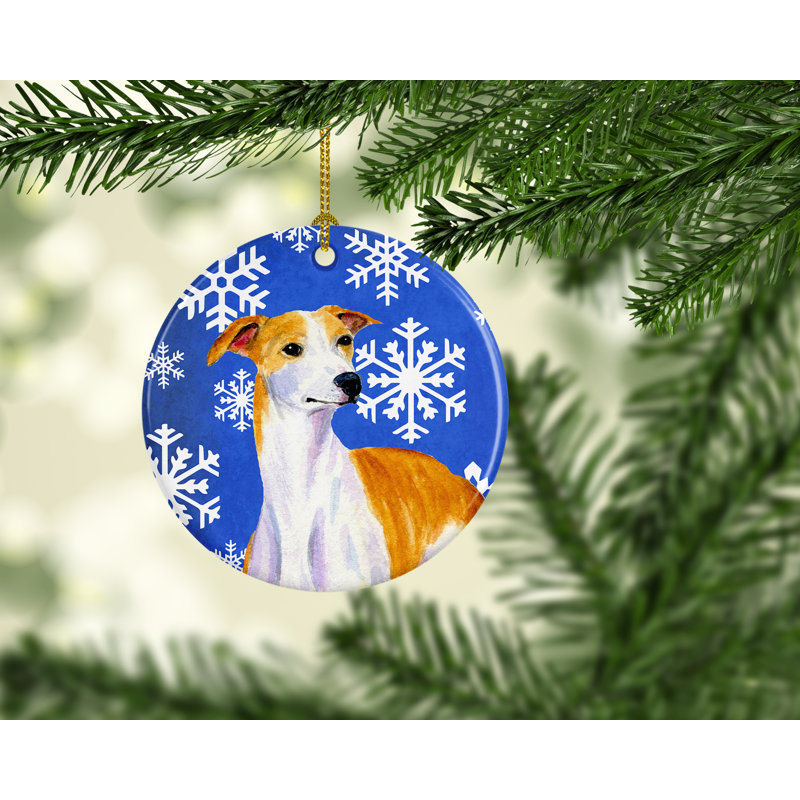 Ornement figurine suspendu en flocon de neige en céramique whippet winter