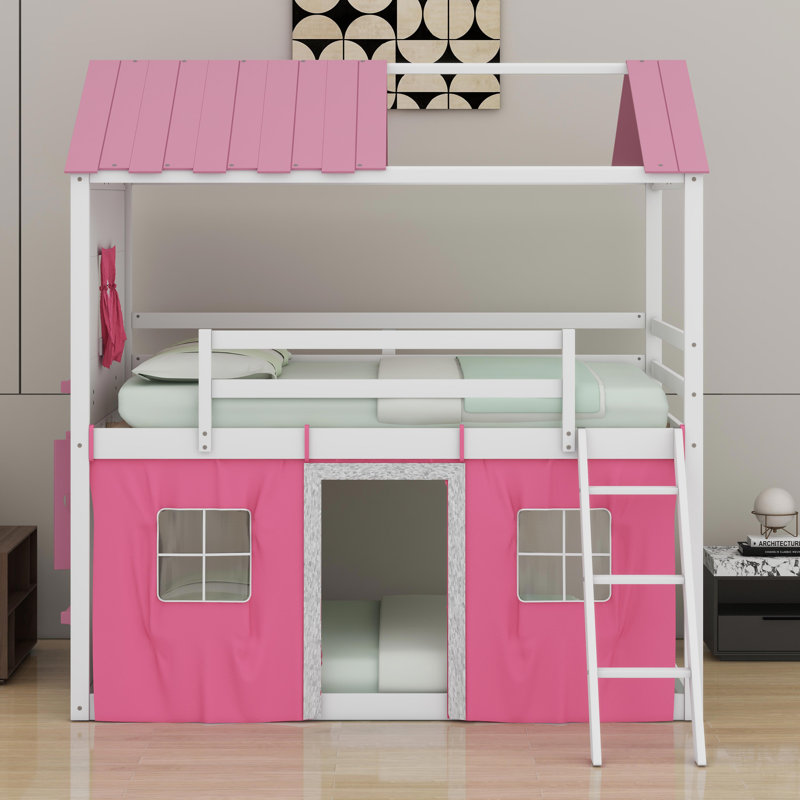 Lit superposé en bois avec fenêtres élégantes, Blanc / Rose