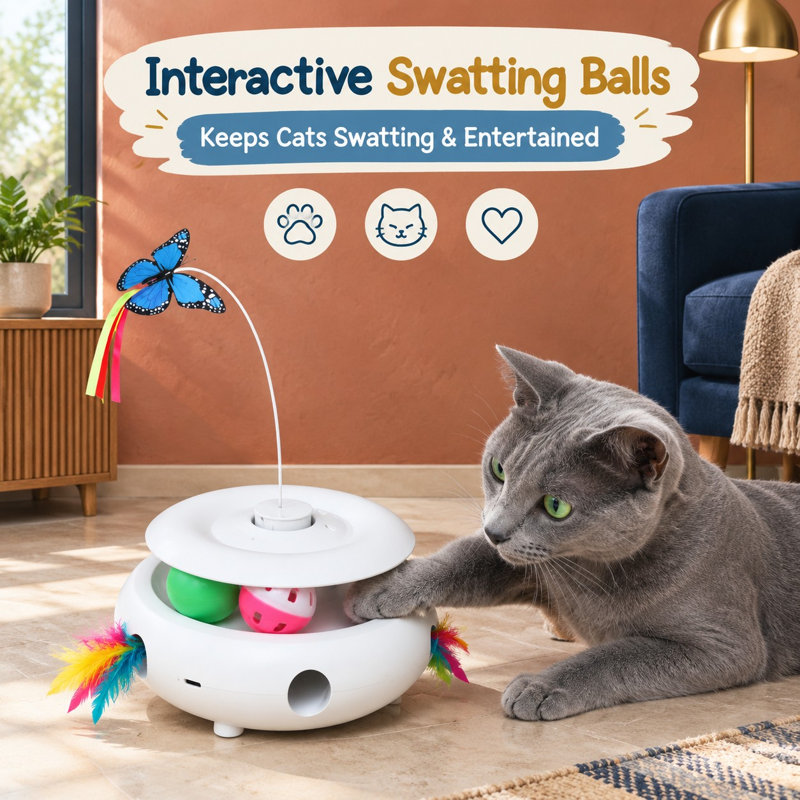 Jouet interactif automatique 3 en 1 pour chats d'intérieur avec papillon, plume d'embuscade et balles de suivi, réveil par capteur intelligent et alimentation USB pour l'exercice et la lutte contre l'ennui
