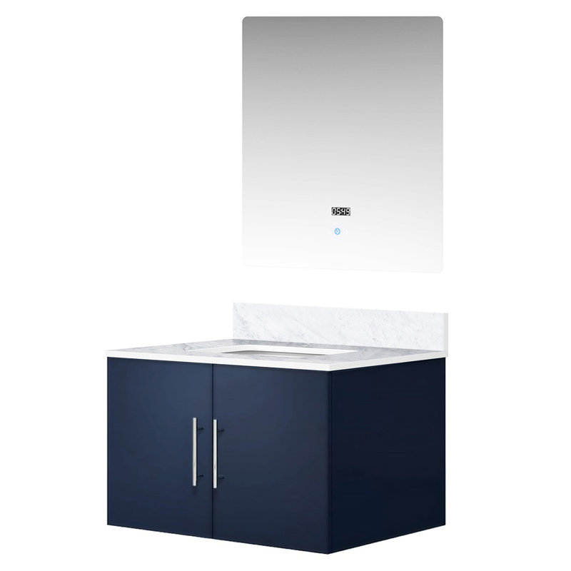 Meuble-lavabo de salle de bain bleu marine avec comptoir en marbre Miroir à DEL - Grand compartiment de rangement à fermeture douce