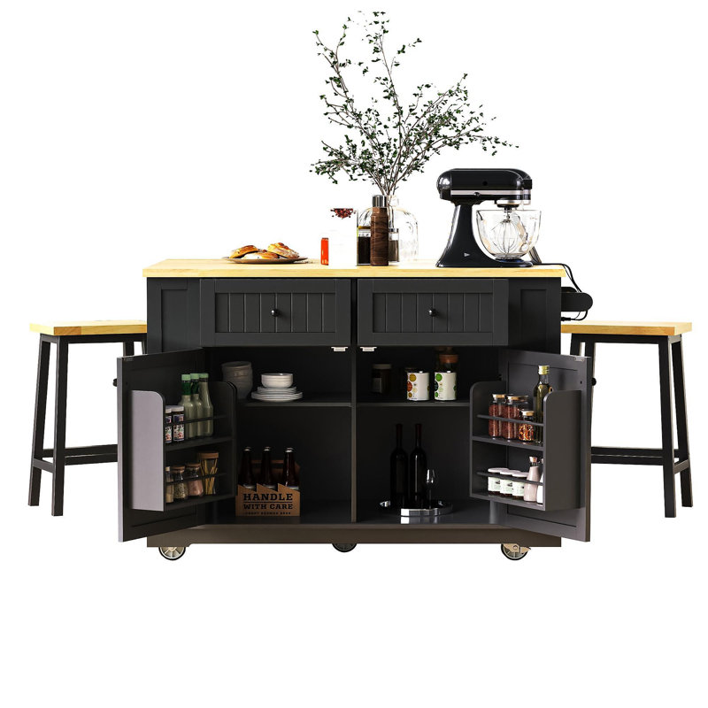 48 Inch Kitchen Island With Drop Leaf,Power Outlet,Internal Storage Rack,Rolling Kitchen Storage Cart On 5 Wheels With 5 Open Side Racks,For Kitchen,Black (Old SKU N707P257057B)(Not Include Stools)