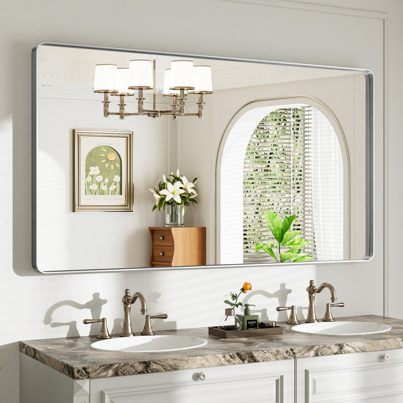 Miroir de salle de bain mural Llesenia, 55 po x 30 po, Argent argent, Rectangulaire