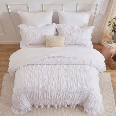 White Ruffle Duvet Cover Set King Size,Ruched Boho Bedding 3 Pieces Luxury Wrinkle Ruffle Comforter Cover Set,Breathable and Soft Microfiber Quilt Cover Set for All Seasons