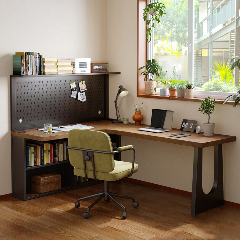 Bureau en bois massif brun et noir en forme de L, H 29,53 po x l 78,74 po x P 47,24 po, Retour à gauche