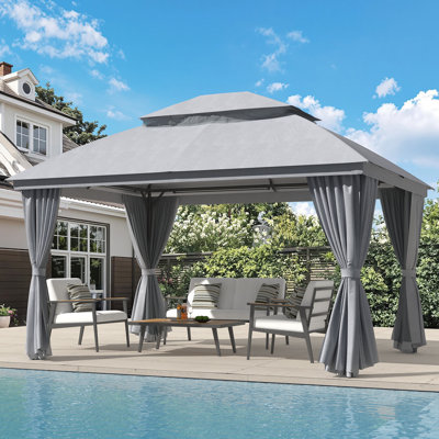 Vita 13 Ft. W x 10 Ft. D Steel Patio Gazebo with Soft Top Double Roof and Curtains