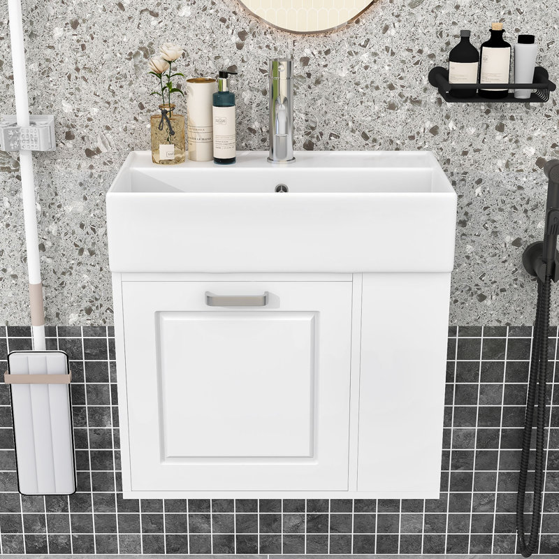 Meuble-lavabo mural flottant avec lavabo, tablettes réglables, Blanc