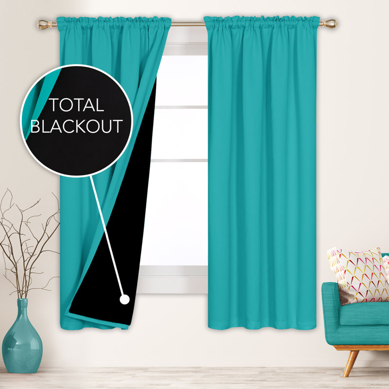 Deconovo 100 Percent Blackout with Liner Rod Pocket Curtain Panel Pair, 52" W x 63" L, Teal