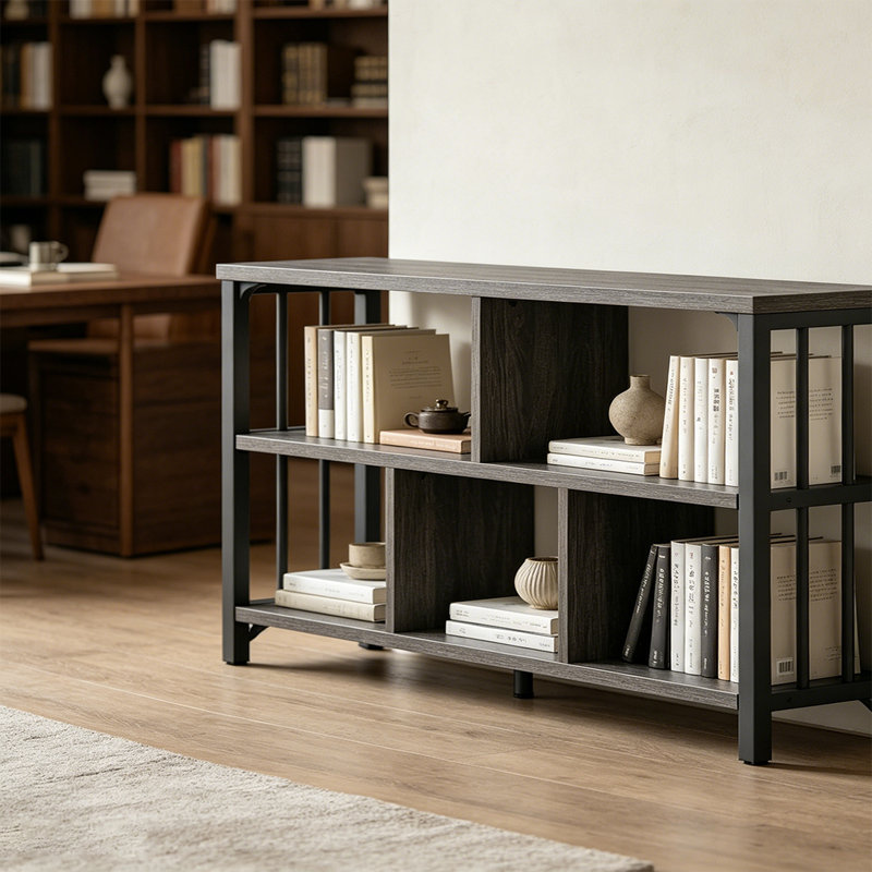 Bibliothèque de rangement à 5 cubes, bibliothèque industrielle basse horizontale avec cadre en métal, 47 po, Dark Gray