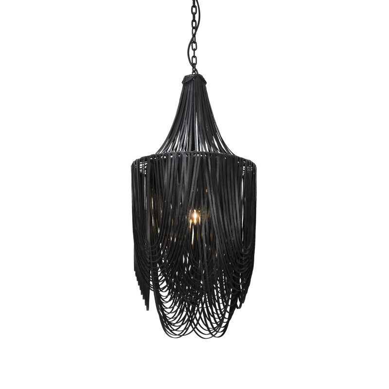 Small Leather Fringe Chandelier w/ Crown, Black