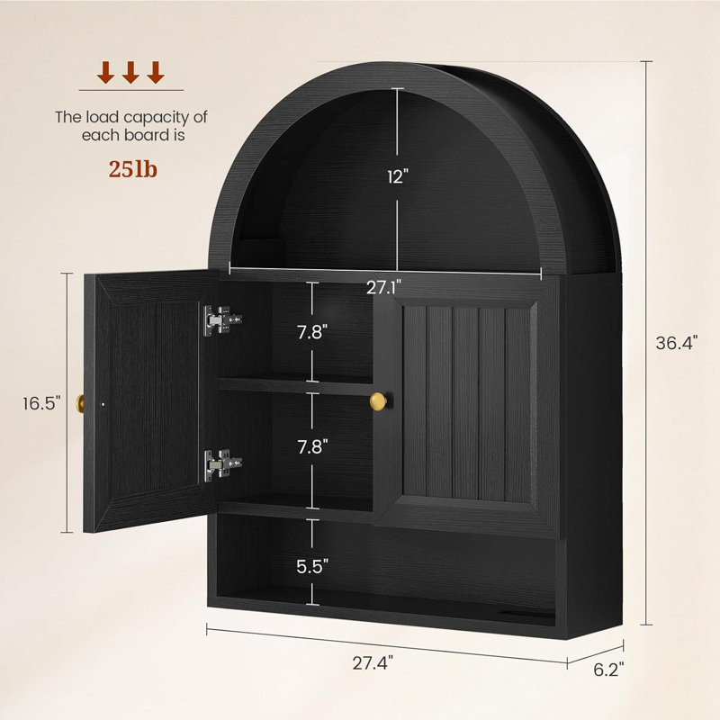 Arched Bathroom Wall Cabinet With Adjustable Shelves, Over The Toilet Organizer With Grille Door