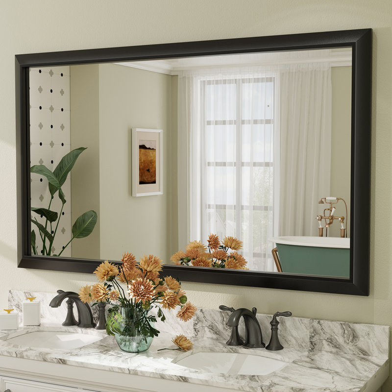 Amara Tempered Glass and Aluminum Alloy Framed French Cleat Mounted Wall Mirror, Matte Black, 36" x 30"