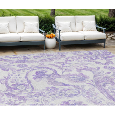 Tapis lavable intérieur / extérieur ivoire et mauve 9 pi x 12 pi à motif cachemire lavande