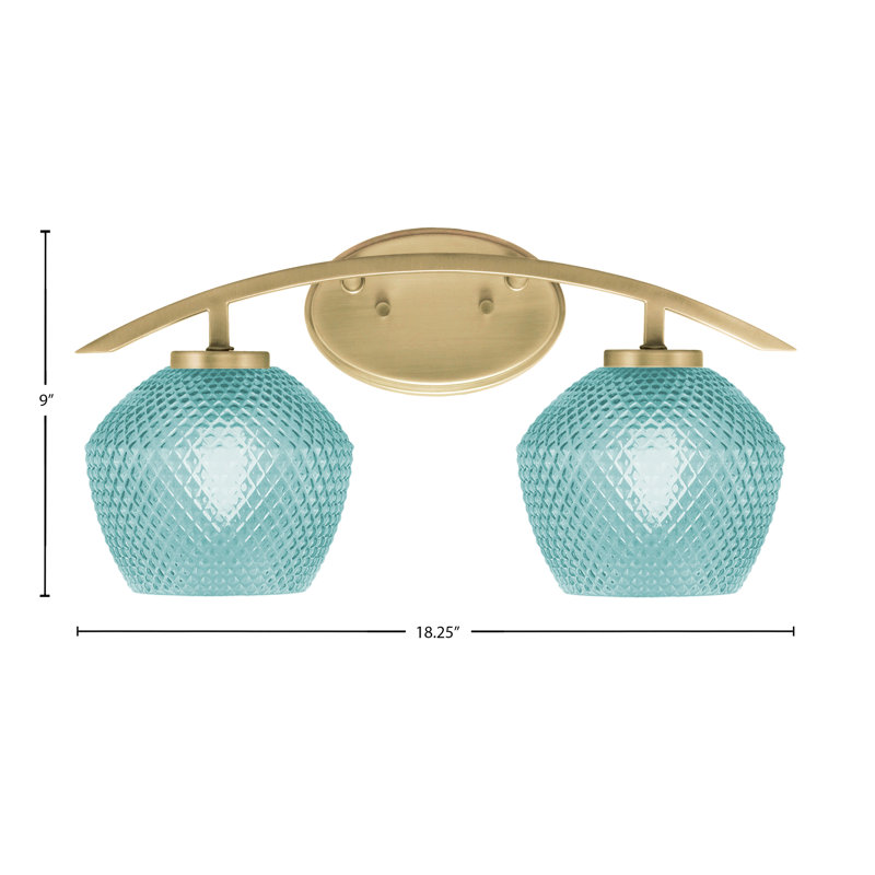 Barre d'éclairage de salle de bain 2 lumières kurve au fini laiton nouvel âge avec verre texturé turquoise de 6 po