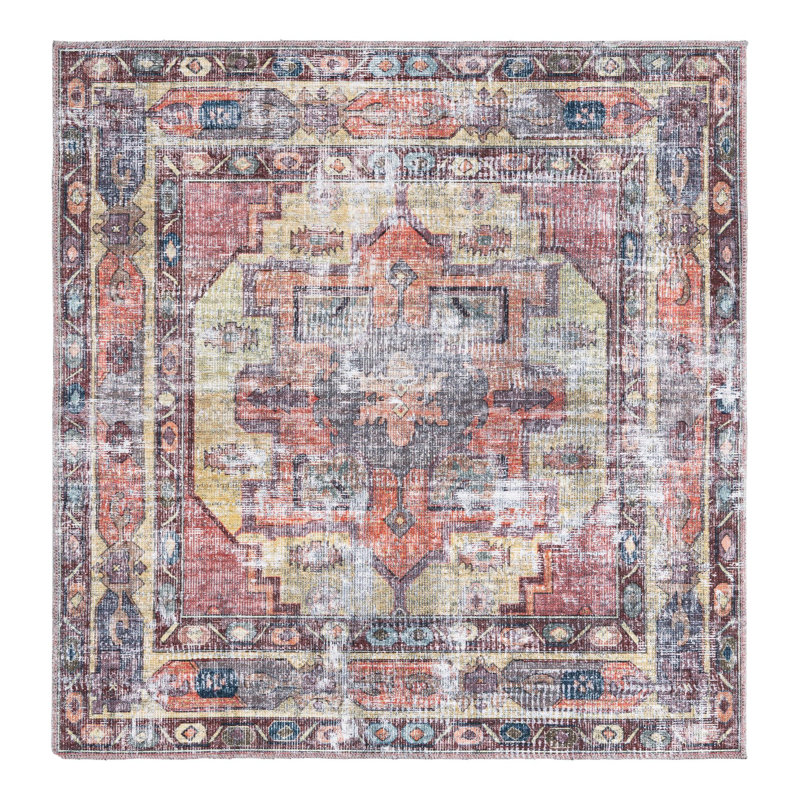 Heffron Performance Yellow/Pink Machine Washable Rug, Square 5'3"