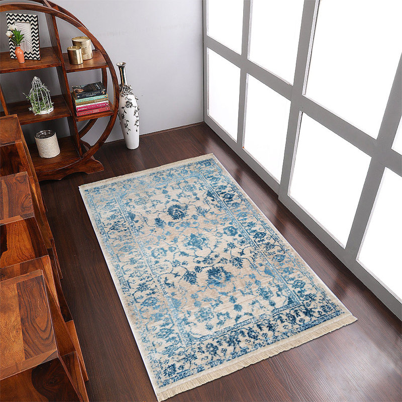 Hinnenkamp Machine Made Polyester Area Rugs - Rectangle, Ivory Blue Color, Oriental Design, Low Pile Machine Made Area Rugs for Living Room, Bed Room