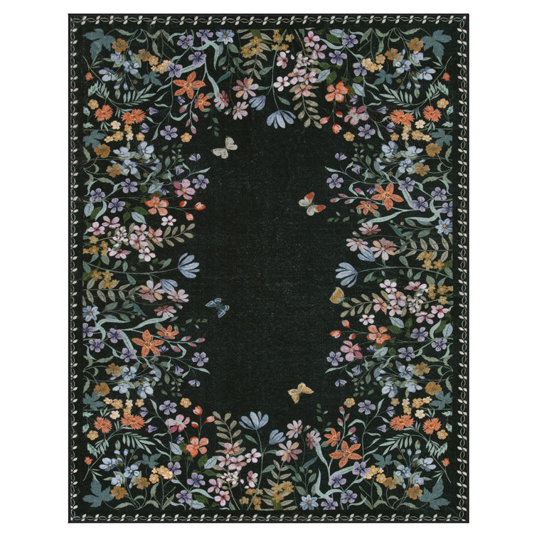 Floral Vintage Washable Black Area Rug with Non Slip Backing - Low Pile Durable Carpet for Living Room, Bedroom, Dining Room or Office Decor